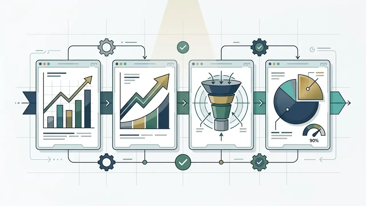 Series of document windows displaying financial charts and data funnels linked by gears and checkmarks