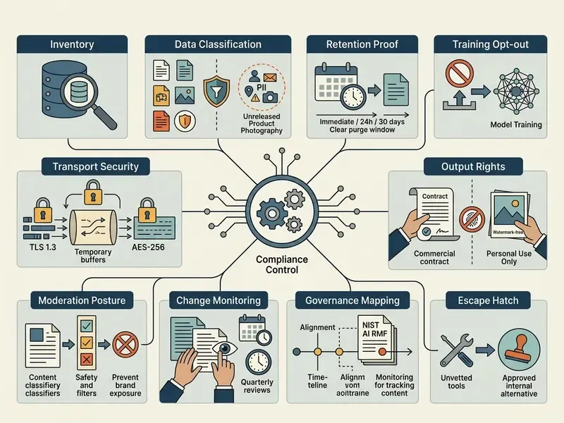 Central compliance control hub connected to ten distinct organizational risk management categories