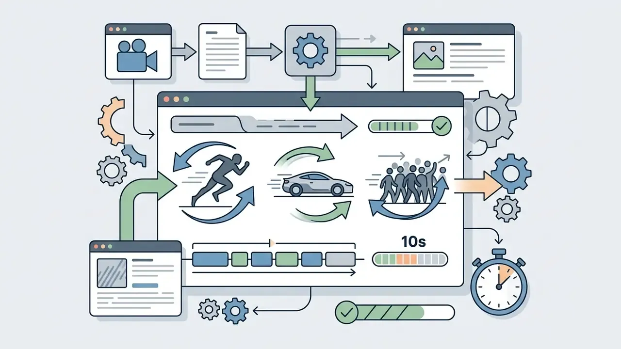 System interface showing icons for motion, vehicles, and crowds processed into ten second video clips