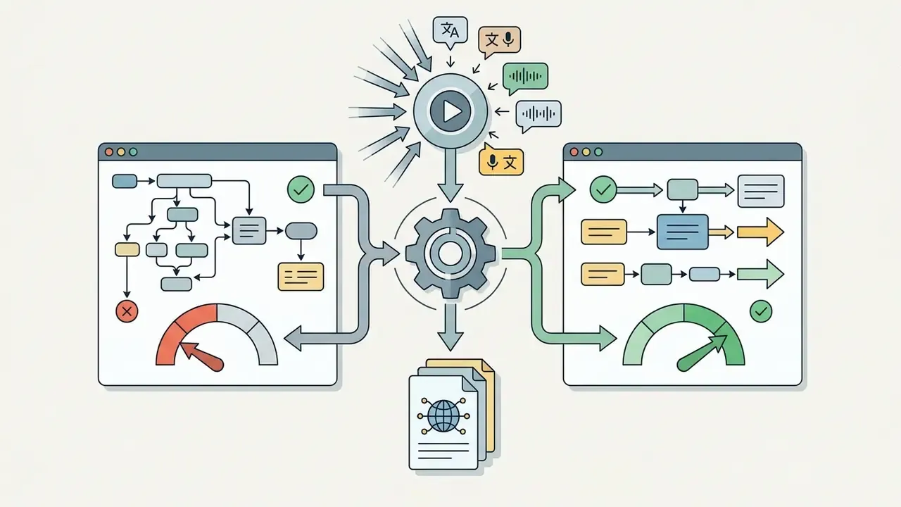 Multilingual audio and video inputs converging into a central engine that balances two distinct logic paths