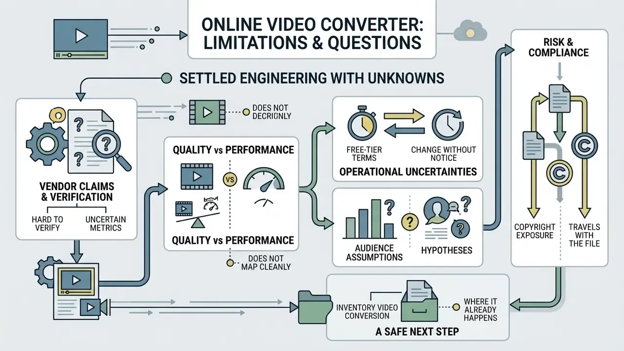Flowchart mapping technical and operational challenges like vendor verification, copyright, and risk