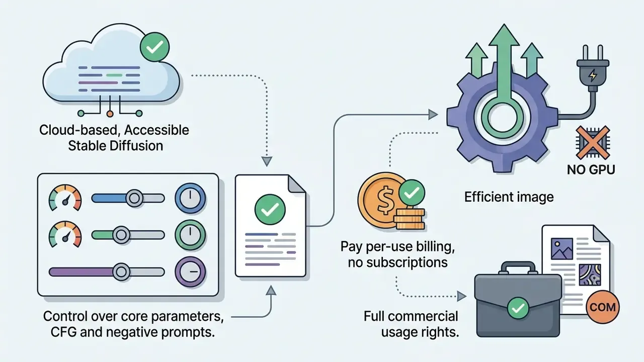Cloud-based Stable Diffusion workflow showing parameter controls, pay-per-use billing, and commercial rights
