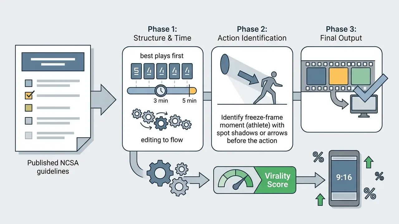 Three-phase process for creating sports reels following NCSA guidelines to generate mobile video content