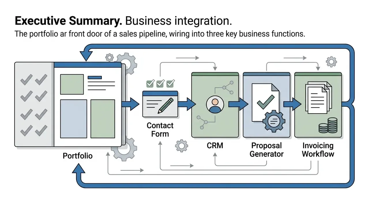 Portfolio website connecting to a contact form, CRM, proposal generator, and invoicing workflow