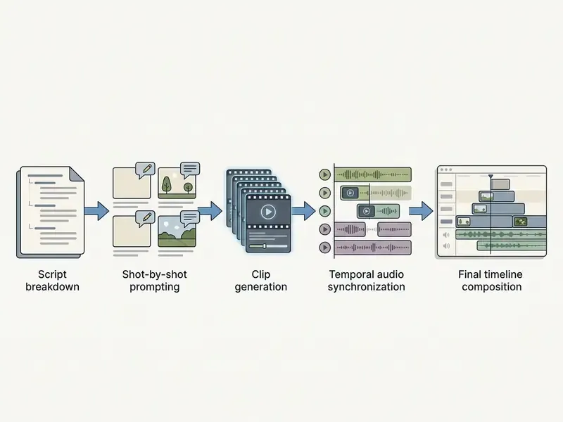 Linear workflow diagram showing the stages of turning a script into a finished video timeline