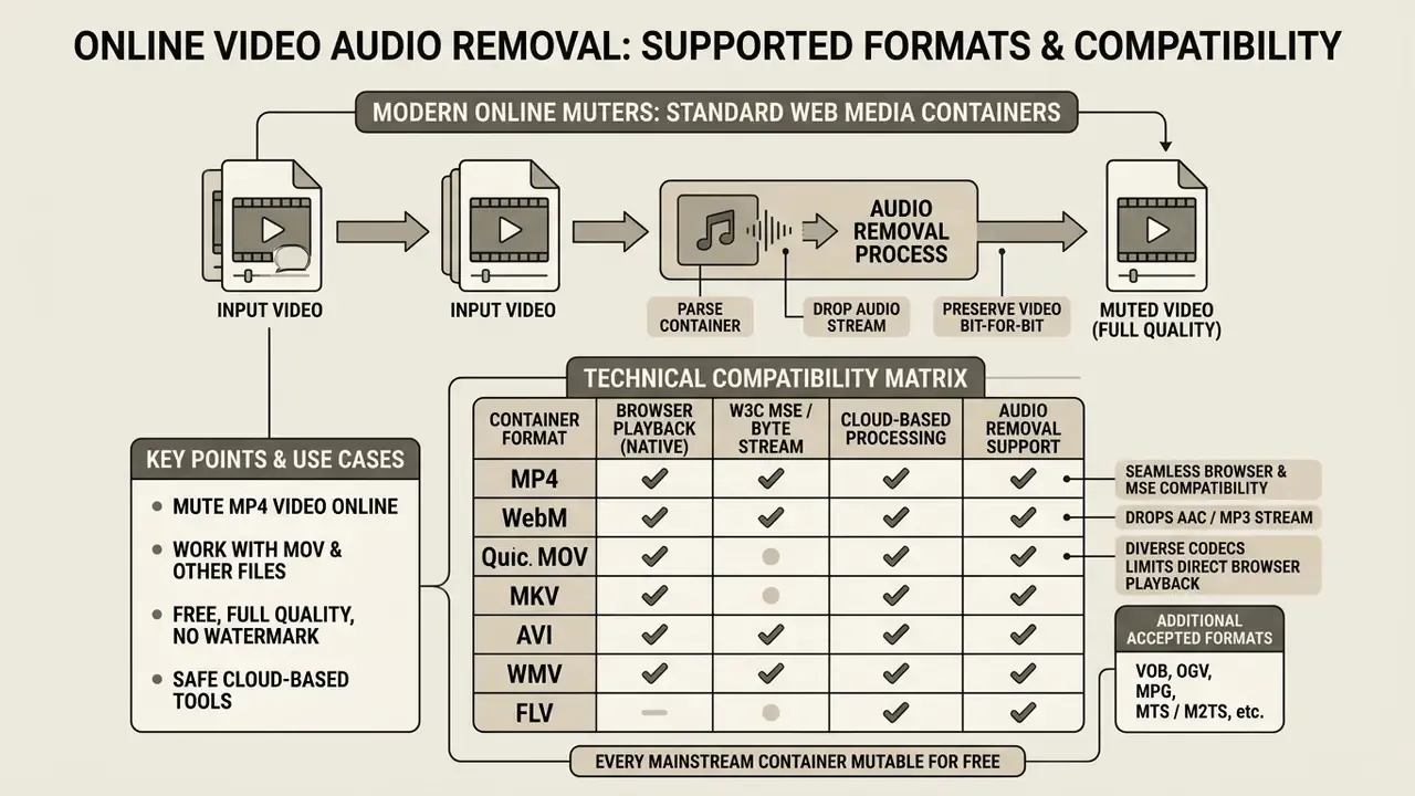Diagram showing the audio removal process and a technical compatibility matrix for various video formats