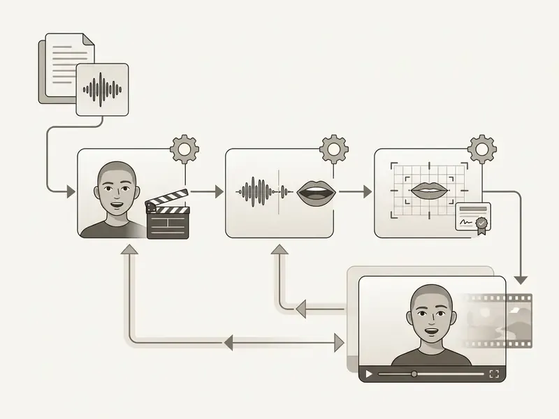 Diagram showing the sequence of processing text, audio, and images to generate an AI celebrity video