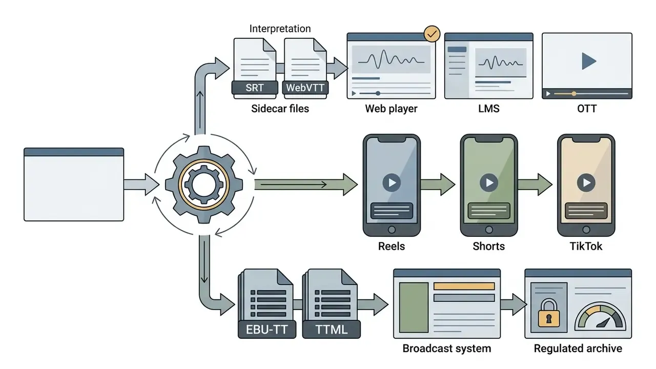 Central gear mechanism distributing media formats to web players, mobile social apps, and broadcast systems