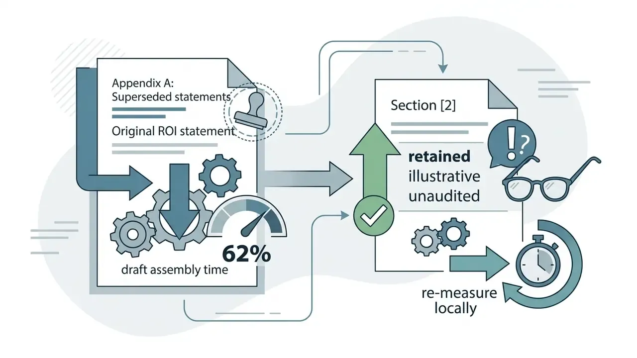 Document with gears and a percentage meter transitioning to a reviewed file with a timer and glasses