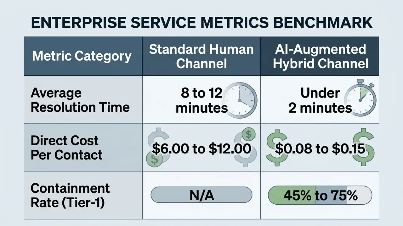 Comparison table displaying performance metrics for human-only versus AI-augmented service channels