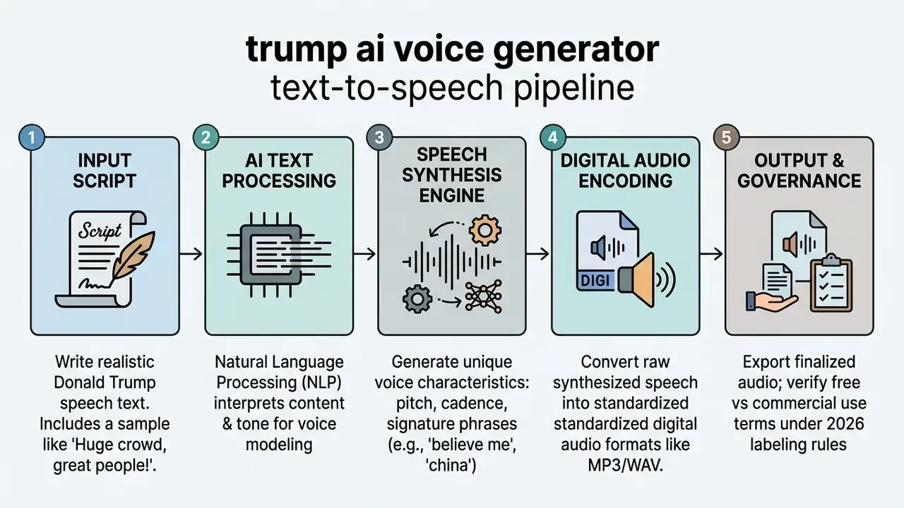 Five-stage process diagram for a trump ai voice generator showing text input through to audio output