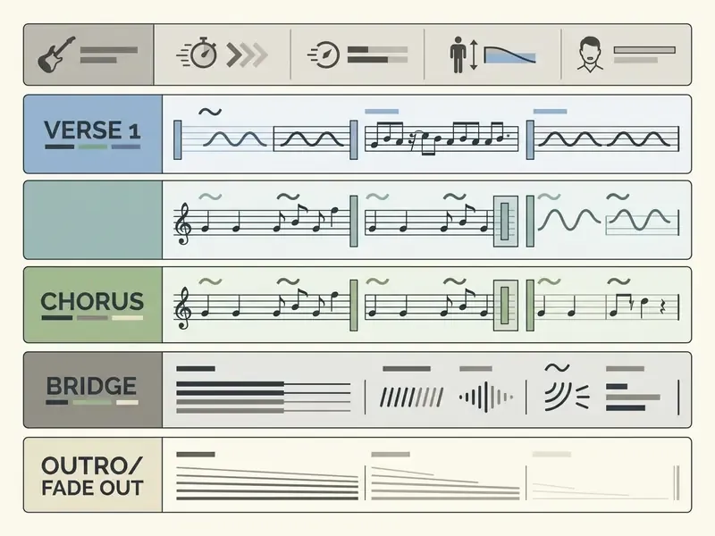 Layout of song sections including musical notation, wave patterns, and dynamic volume indicators