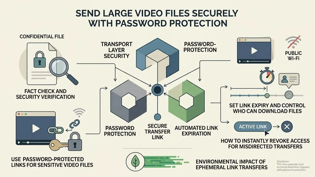 Diagram showing security measures like password protection and link expiration for sending large video files