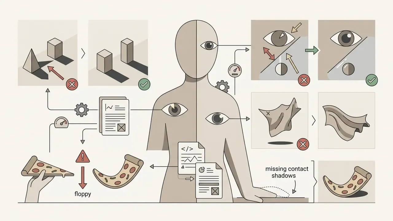Visual guide showing common physical errors in synthetic media like inconsistent shadows and stiff fabric