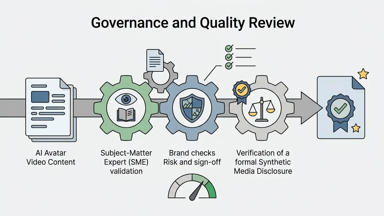 Sequential gears representing SME review, brand risk assessment, and synthetic media disclosure verification