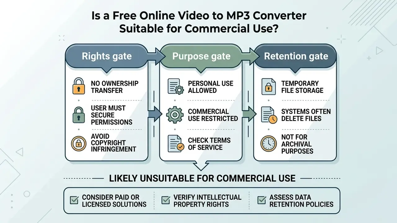 Flowchart outlining the rights, purpose, and retention gates for using an online video to MP3 converter