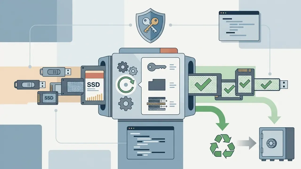 Storage media entering a processor for cryptographic erasure and exiting as cleared or recycled units
