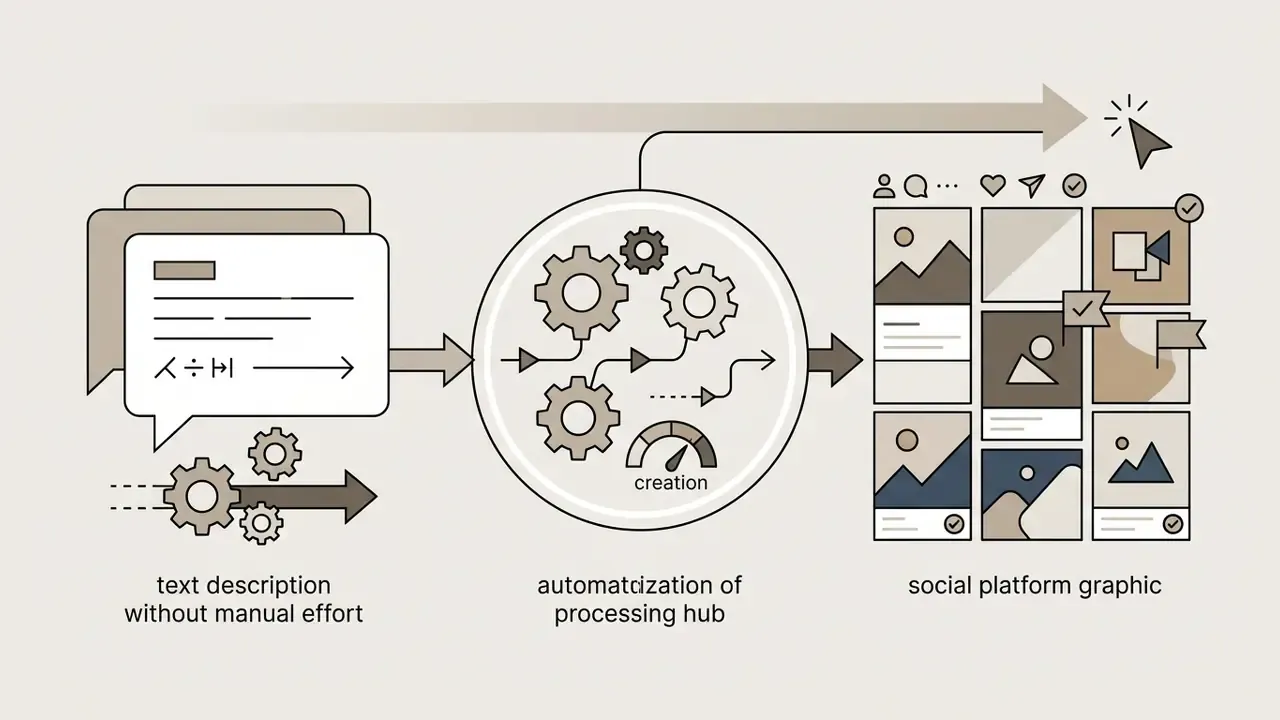 Text prompts feeding into a processing hub that generates social media graphics for NightCafe AI users