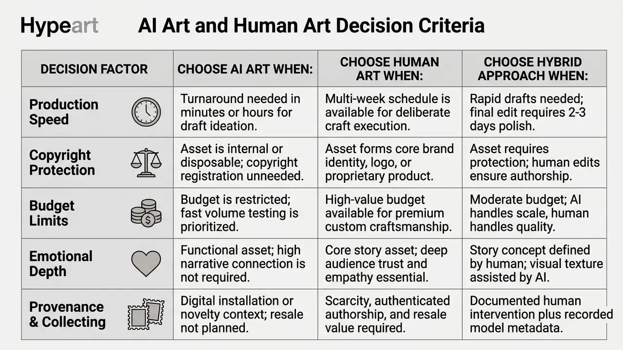 Table comparing AI art and human art across five decision factors including speed and copyright