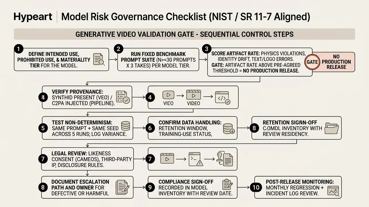 Ten sequential steps for validating generative video models including provenance and compliance checks