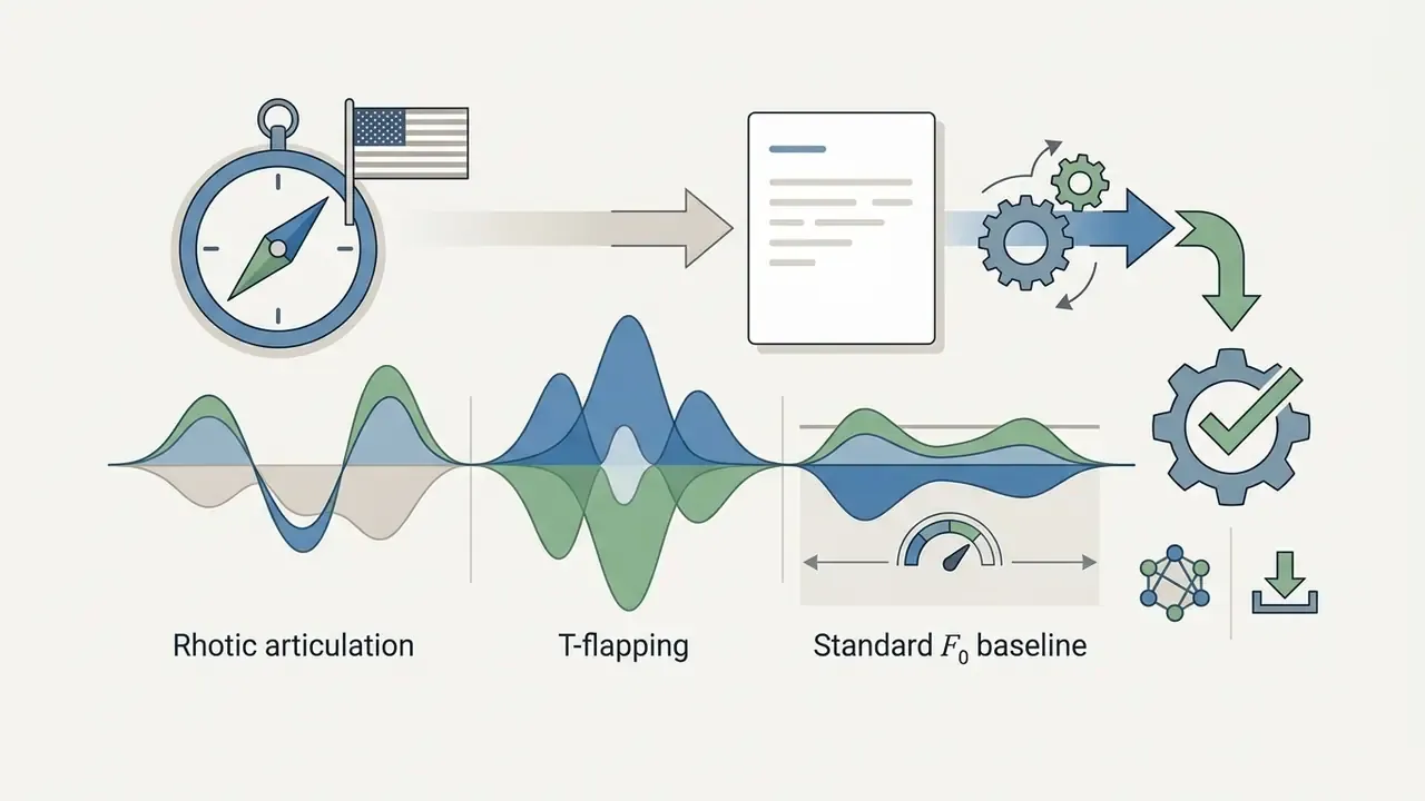 Compass with US flag leading to document processing and sound wave analysis for an AI female voice generator