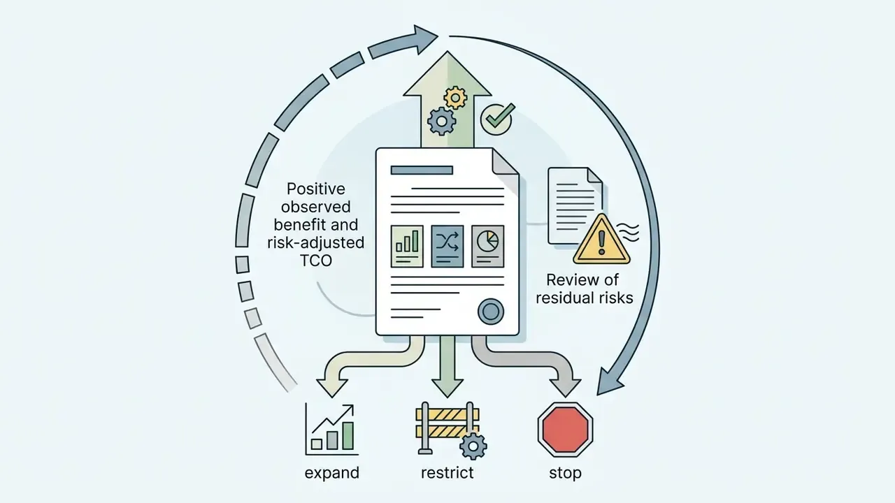 Decision memo document with risk analysis icons branching into expand, restrict, or stop pathways