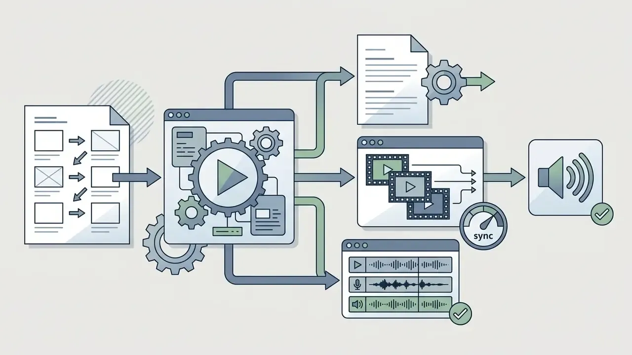 Storyboard document feeding into a central processor to generate video clips and synchronized audio tracks
