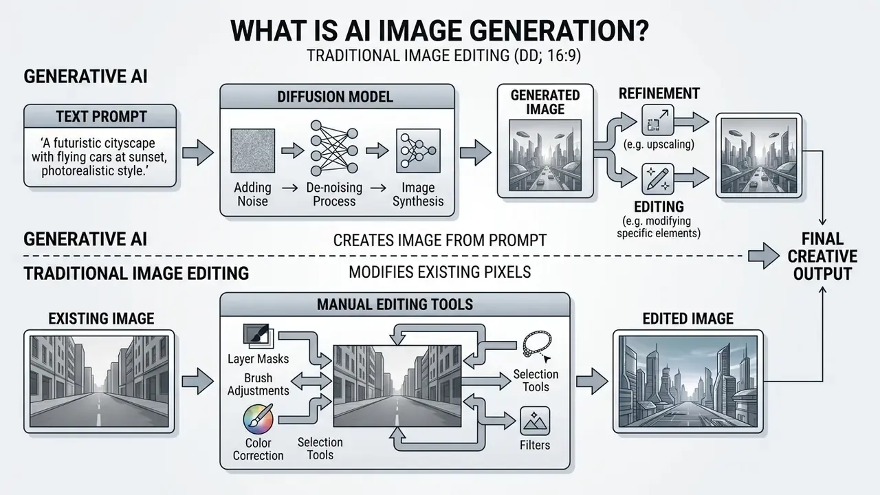 Flowchart comparing generative AI prompt-based synthesis with traditional pixel-based manual image editing