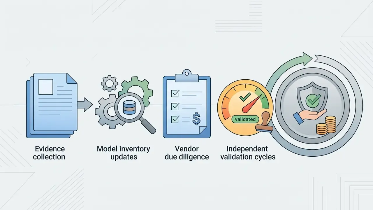 Flowchart showing stages of evidence collection, model inventory, vendor due diligence, and validation