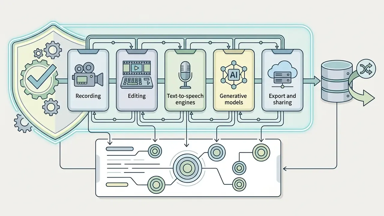 Workflow steps for video production connected to a data processing interface inside a protective shield