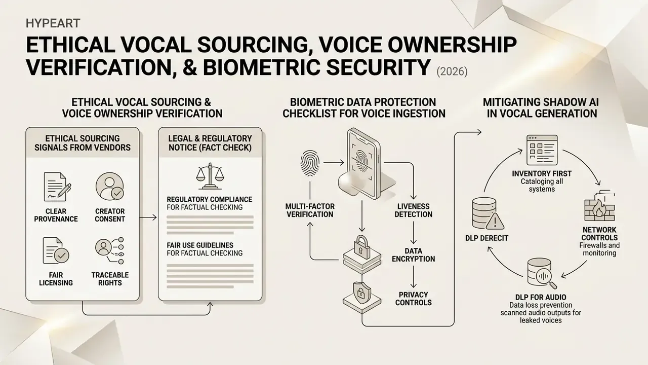 Infographic detailing vocal sourcing ethics, biometric data protection, and shadow AI mitigation steps