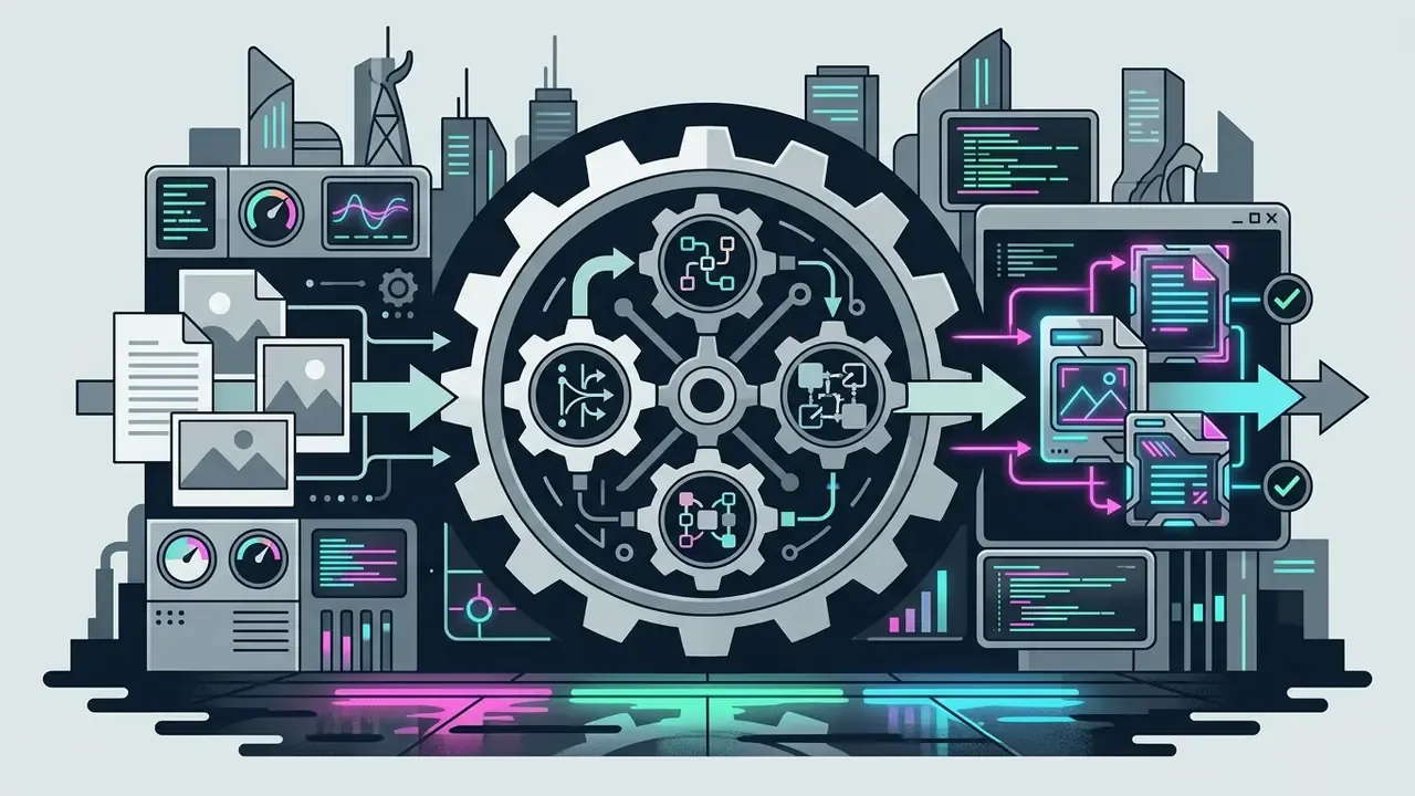 Central gear mechanism processing image files into stylized digital outputs against a neon city backdrop