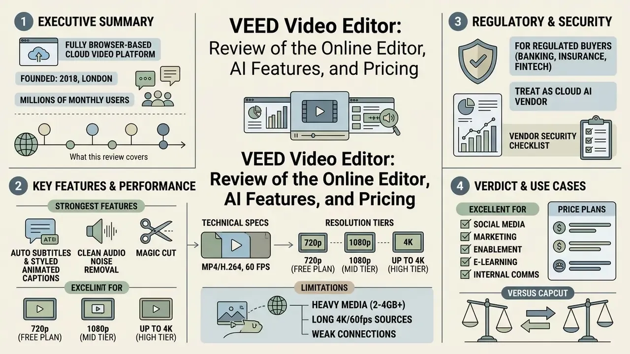 Infographic summarizing the VEED video editor features including technical specs, resolution tiers, and use cases