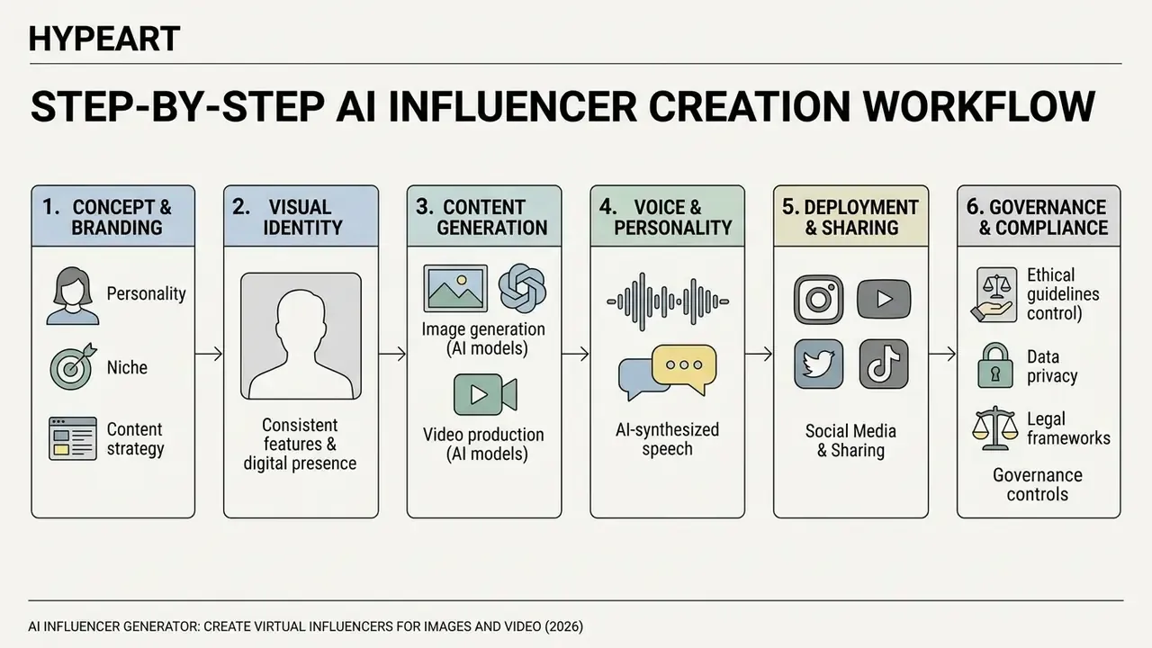 Six sequential steps for an AI influencer generator ranging from initial branding to governance controls