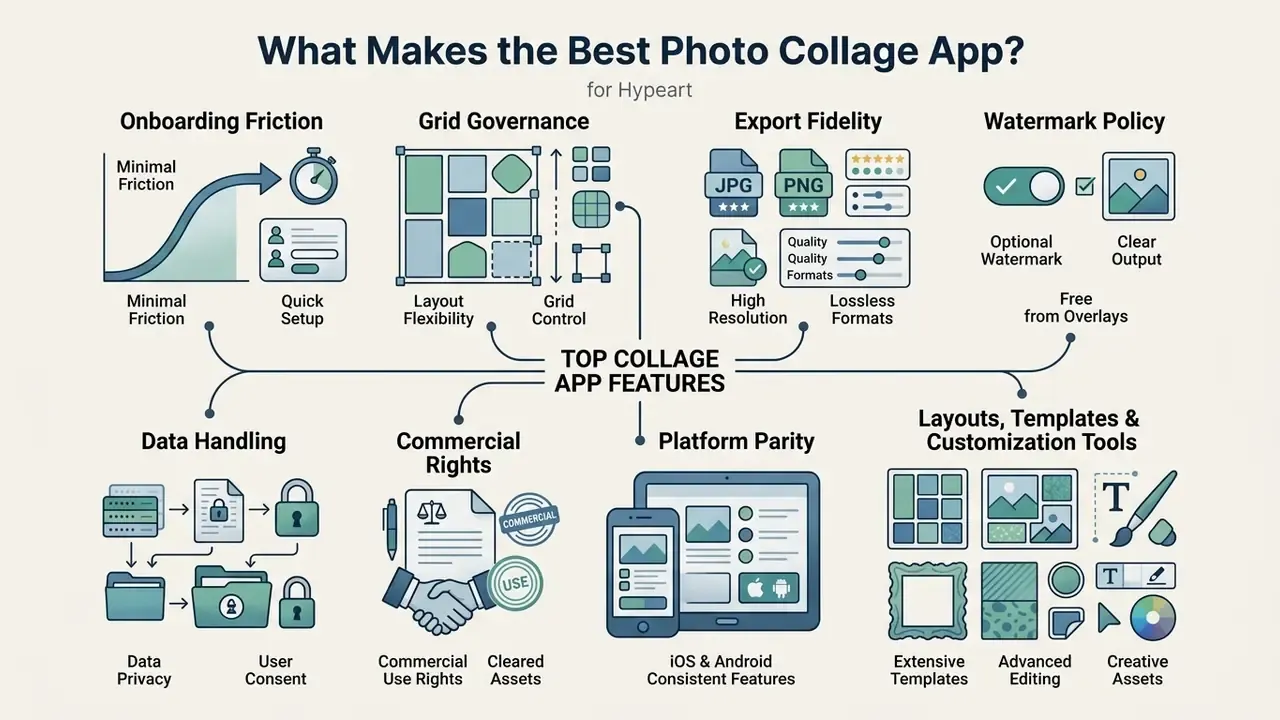 Infographic showing eight key features for evaluating a photo collage app including design and privacy