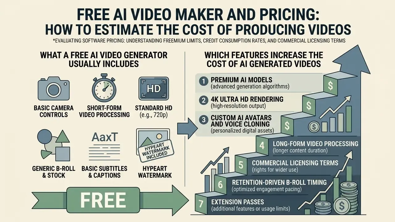 Infographic contrasting free AI tool features with a rising staircase of paid premium video capabilities