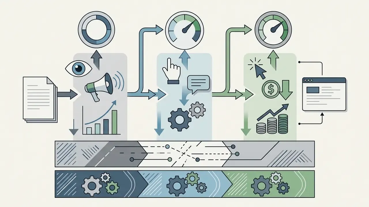 Three-stage graphic showing the progression from awareness to consideration and performance metrics