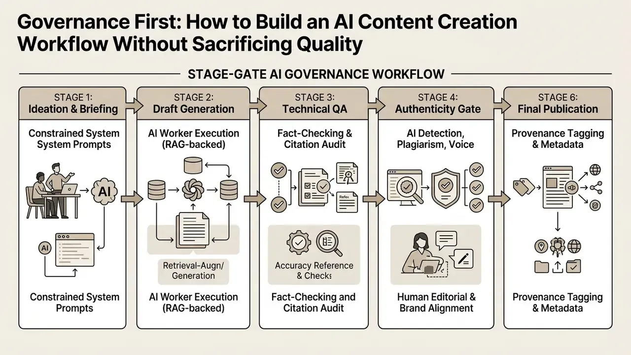 Six-stage flowchart detailing an AI content creation workflow from initial ideation to final publication