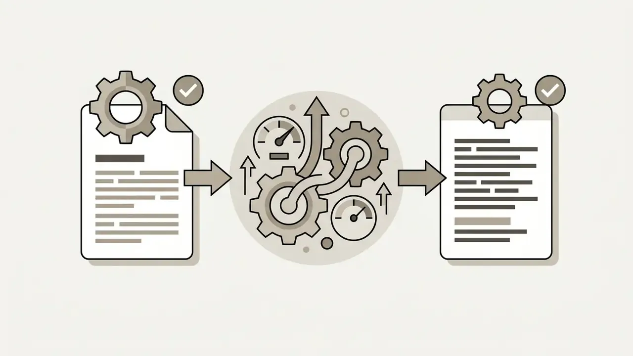 Text documents moving through a central gear mechanism with gauges to transform input into formatted output