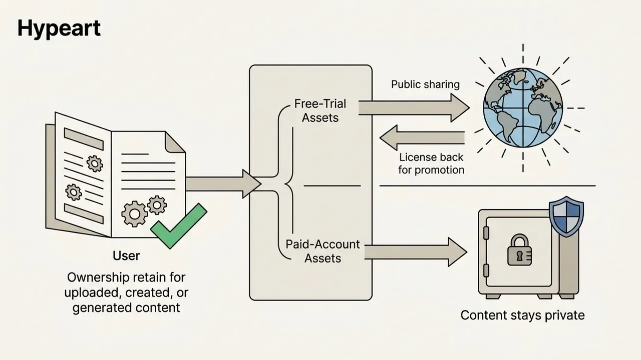 Document icon showing user ownership branching into public sharing for trials and private storage for paid accounts