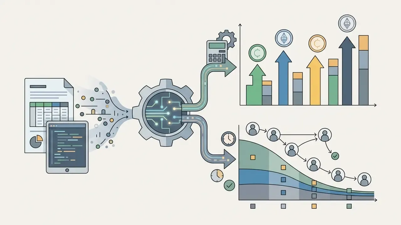 Document and code data flowing into a central gear processor that outputs financial and user charts