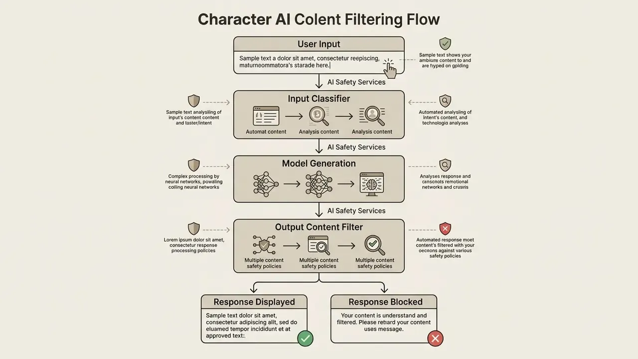 Flowchart detailing the Character AI content filtering process from user input to response delivery
