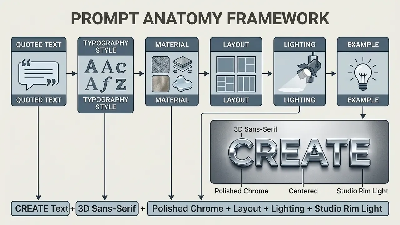 Diagram breaking down the prompt anatomy framework into six sequential components for AI word art