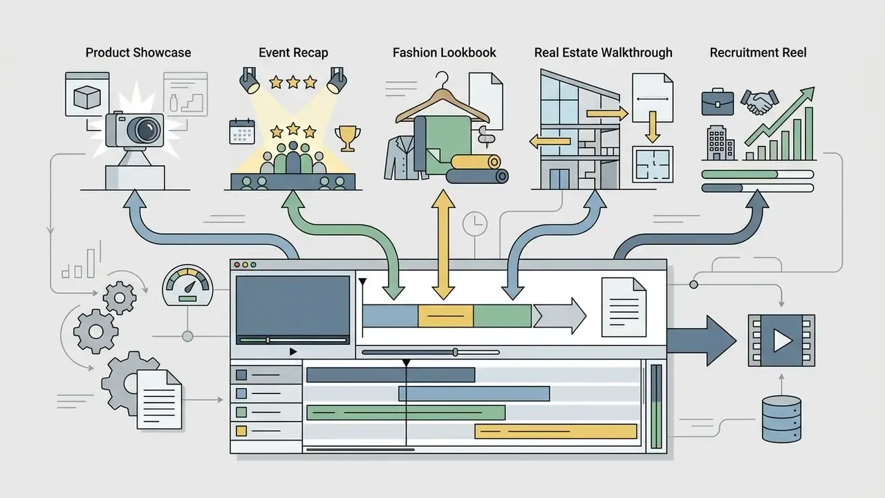 Video editing software interface connecting to icons for commercial and professional project templates