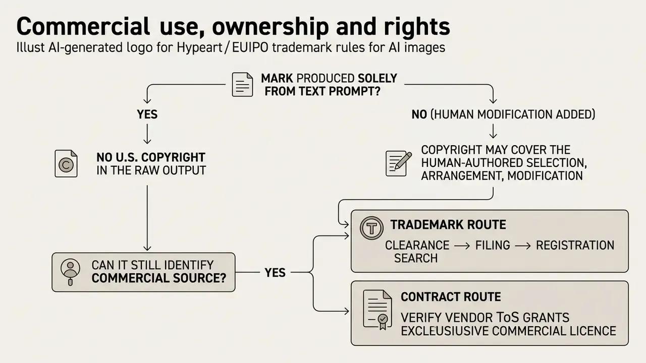 Decision tree outlining legal pathways for copyright and trademark protection of AI-generated assets