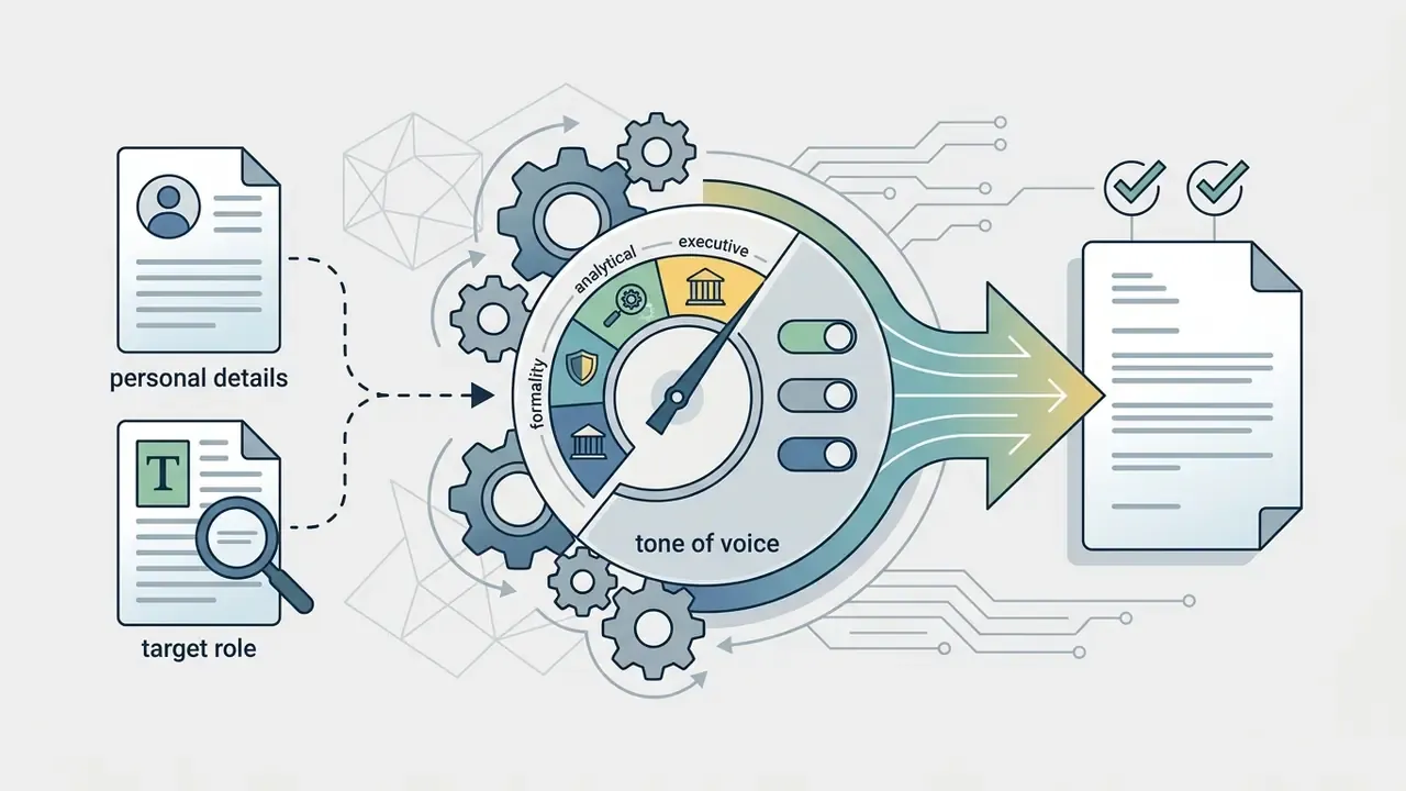 Personal details and target role data flowing into a tone of voice gauge to produce a finalized document