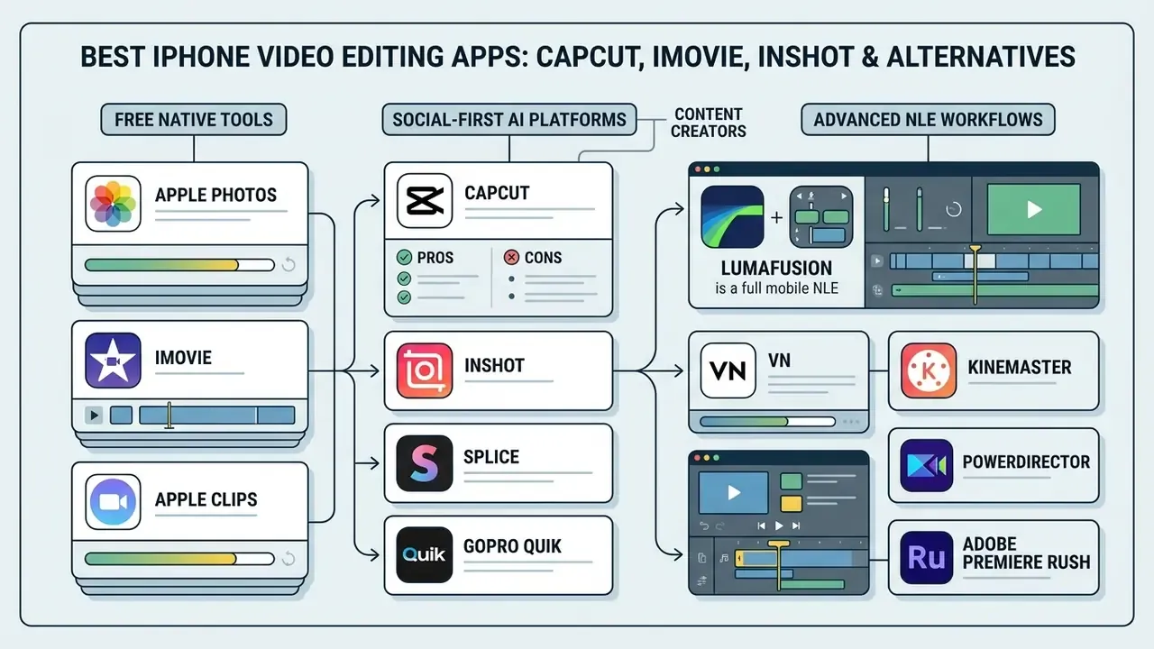 Categorized flow chart showing native, social-first, and professional iPhone video editor software
