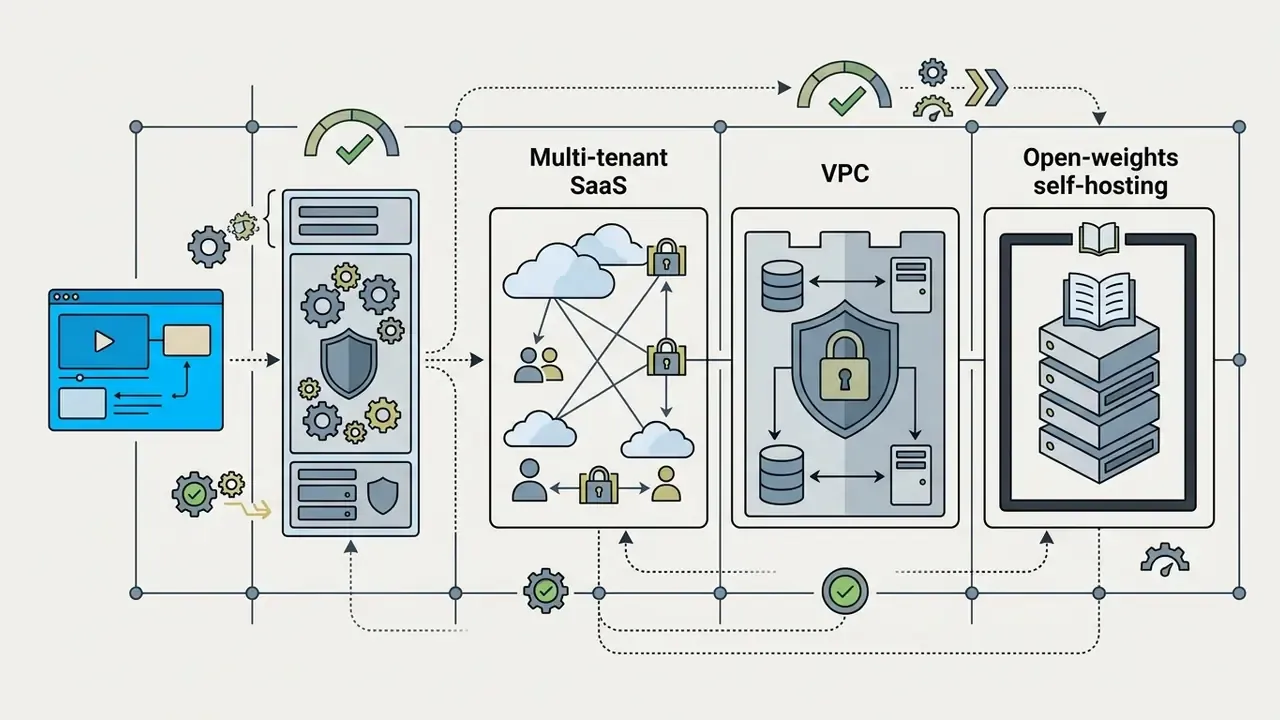 Deployment options for AI video generation tools including multi-tenant SaaS, VPC, and self-hosting