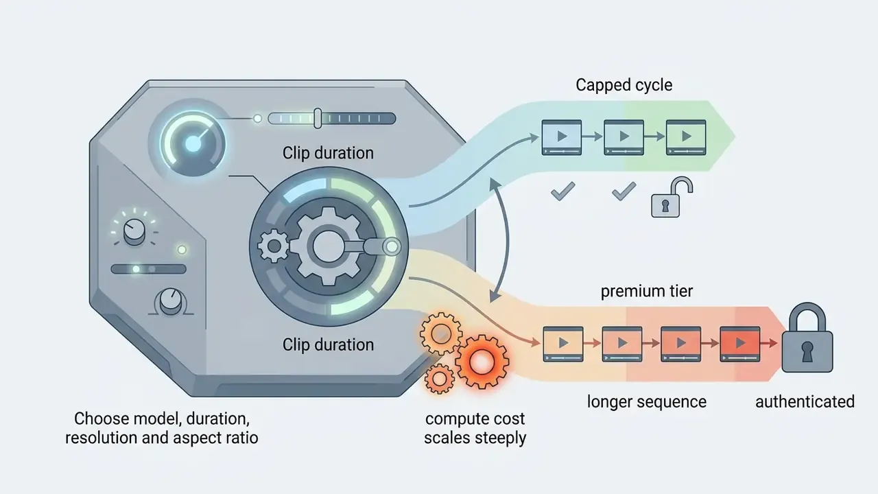 Control panel showing how clip duration settings split into guest cycles and authenticated premium tiers
