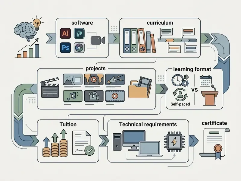 Step-by-step diagram showing software, curriculum, projects, learning format, tuition, and requirements